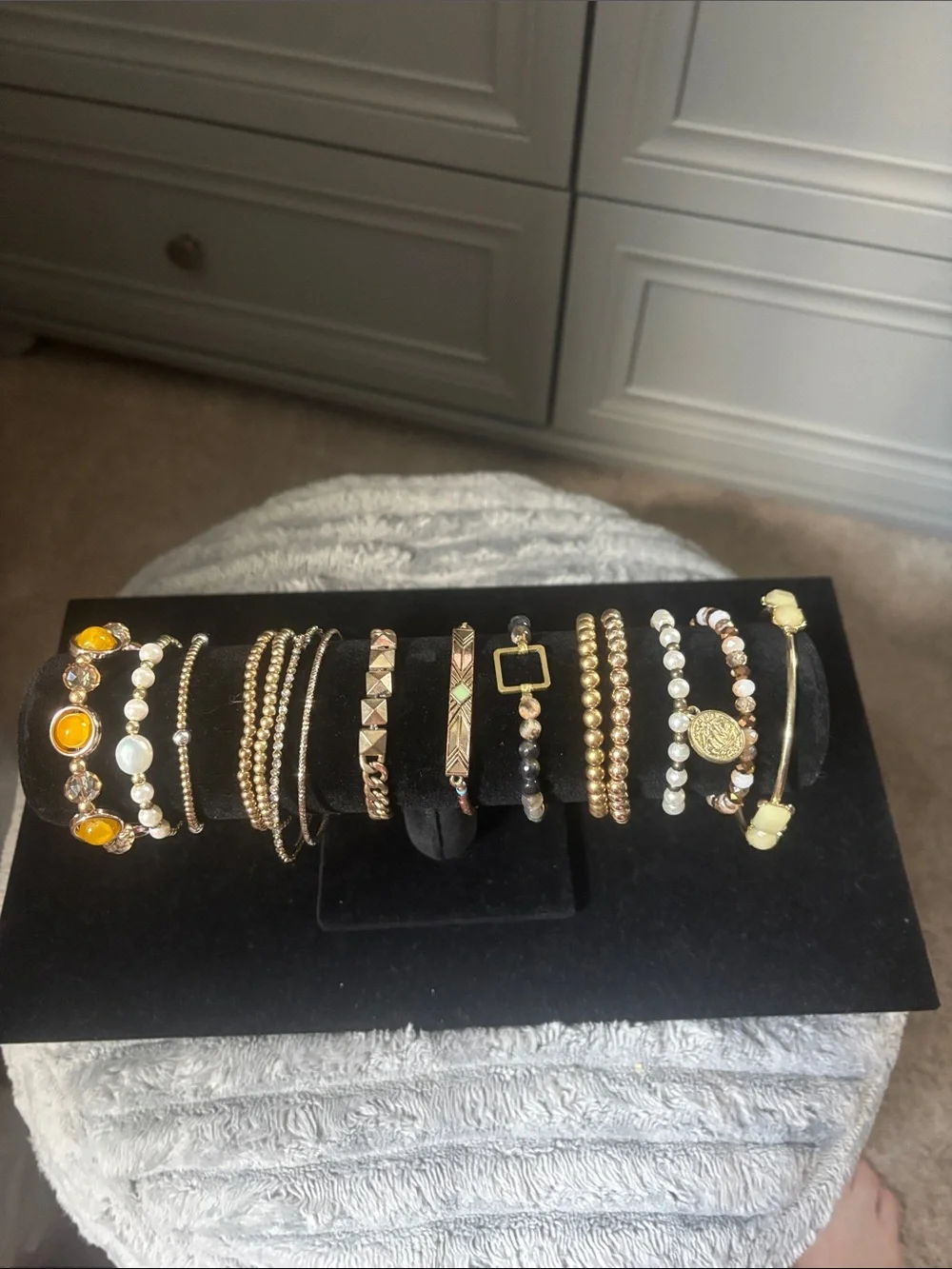 Goldtone  and Yellow Beaded Women's Bracelet Set — Stackable Mix.